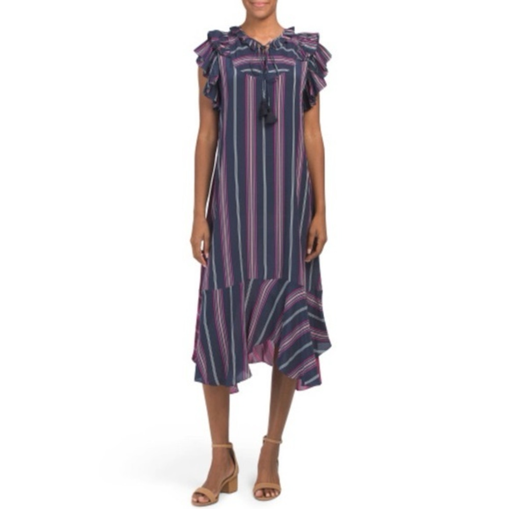 Figue Tessa Silk Ruffle Tasseled Asymmetric Midi Dress Blue Purple Stripe Small